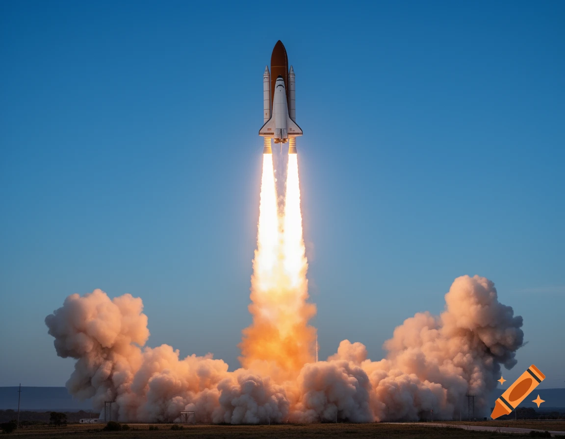 A photorealistic image of a space shuttle launching into a clear blue sky, with bright orange exhaust plumes and massive clouds of smoke at its base.