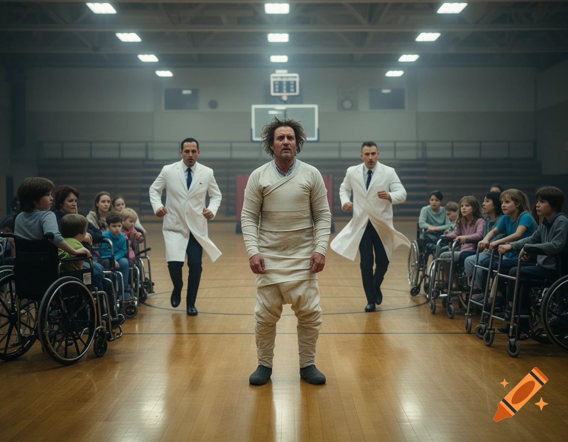 A man in a restrictive garment stands on a gymnasium floor, flanked by children in wheelchairs as two doctors run toward him.