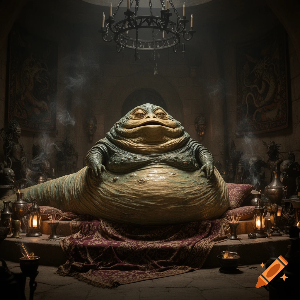 Jabba the Hutt, a large, slug-like alien, reclines on a lavish dais in a dim, smoky throne room with lanterns.