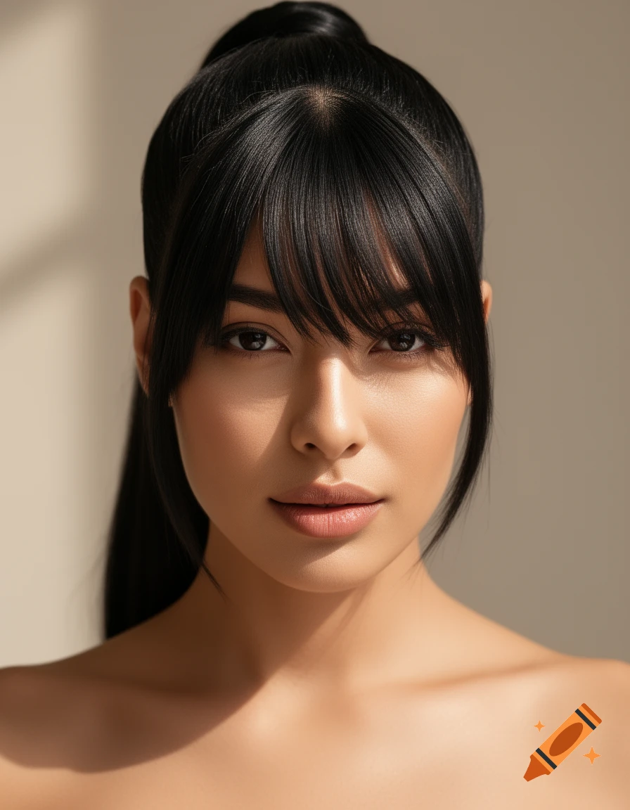 Close-up portrait of a woman with dark hair in a high ponytail and bangs, bathed in natural light and shadows.
