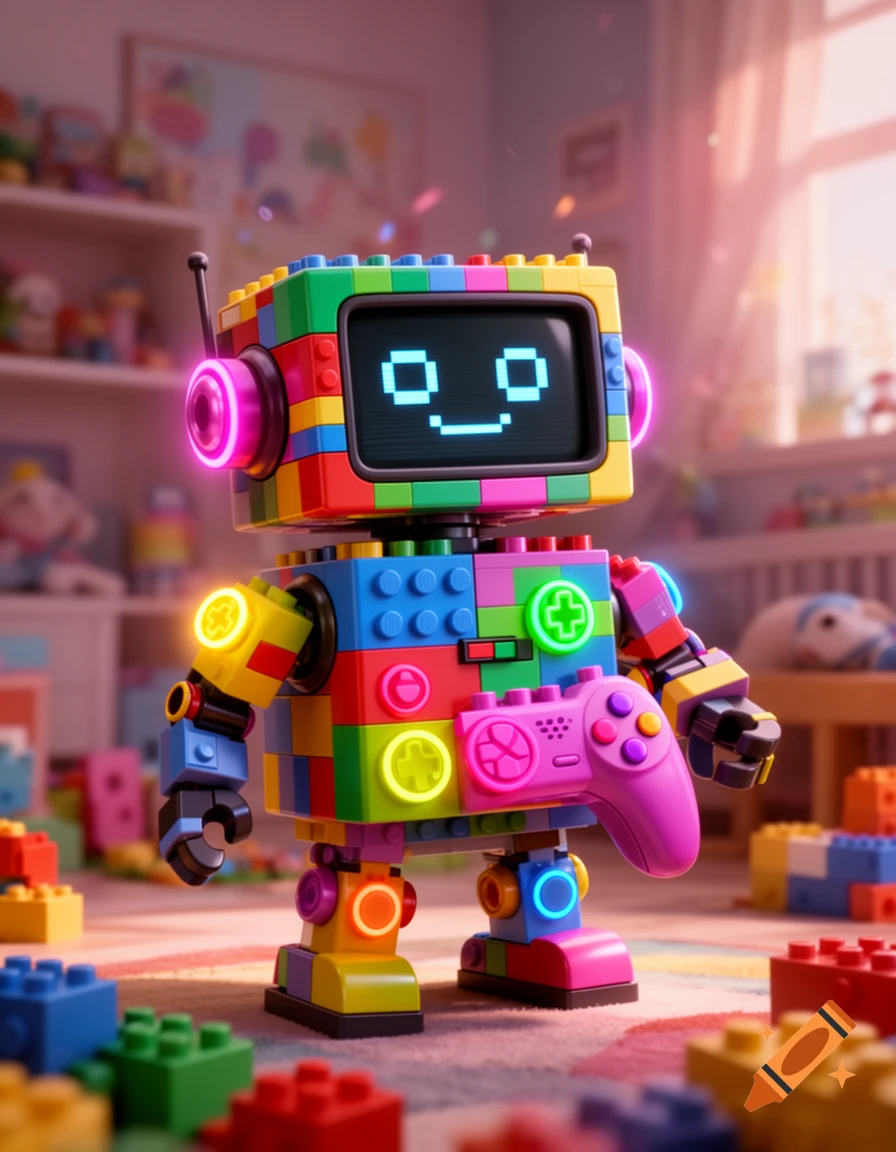 A cute, colorful robot made of LEGO bricks with a pixelated smiley face on its screen, glowing game buttons, and holding a pink controller in a toy room.