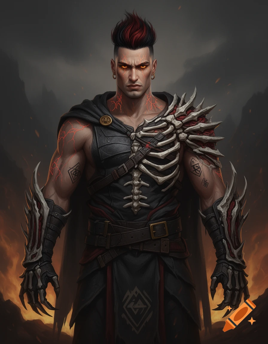 A menacing fantasy character with red and black hair, glowing eyes, skeletal armor, and clawed gauntlets against a fiery background, digital art.