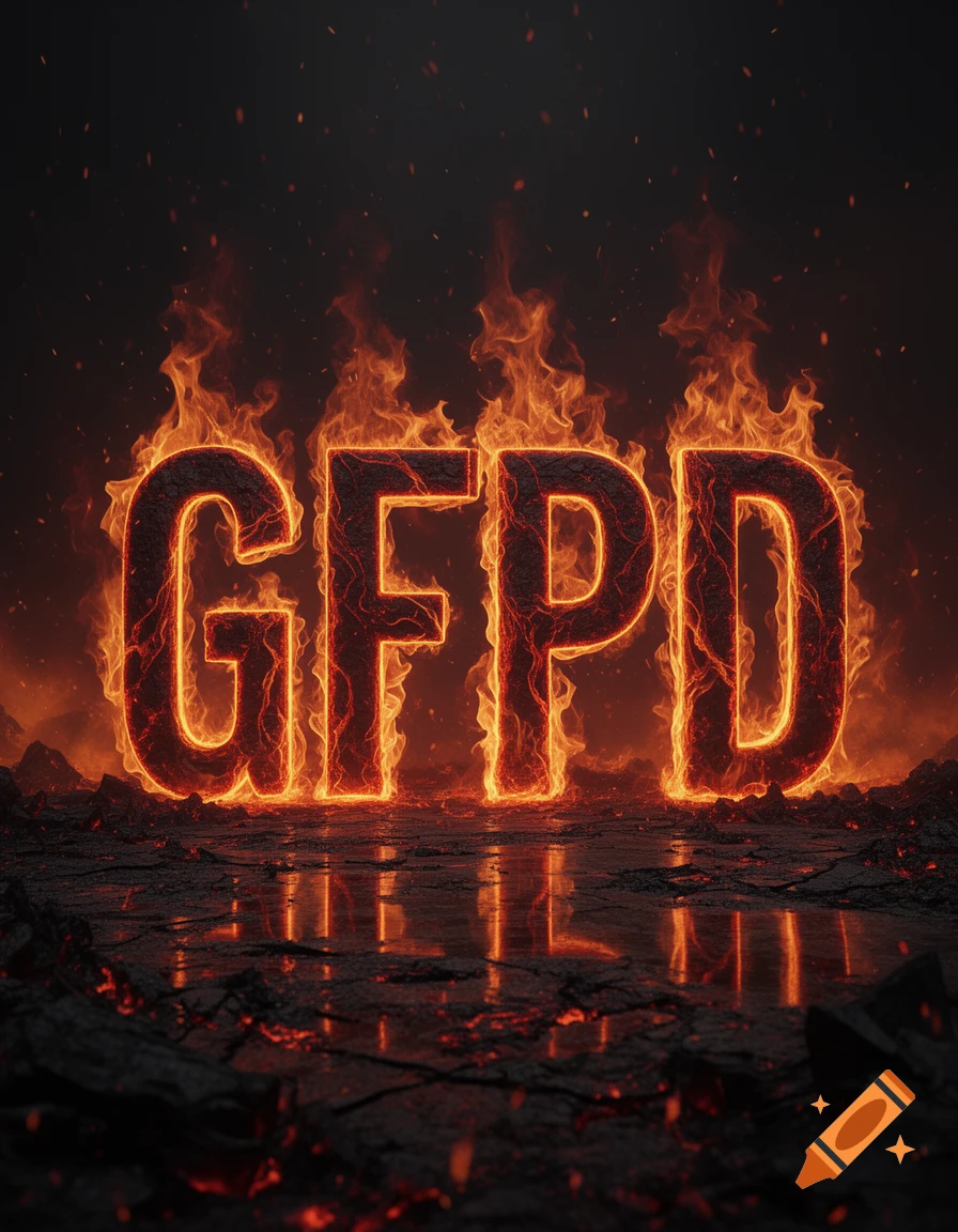 The letters GFPD, engulfed in vibrant orange and red flames, stand on a cracked, fiery ground under a dark sky.