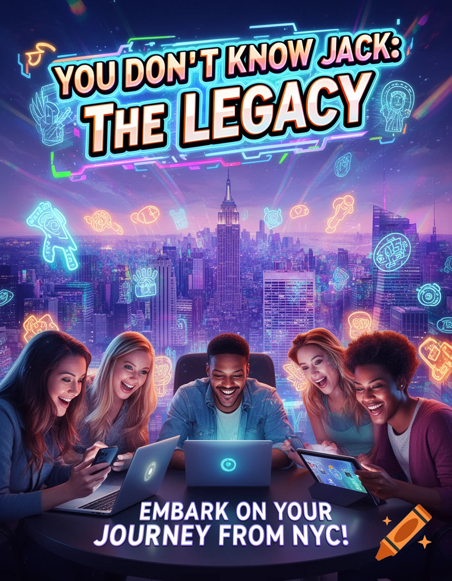A vibrant video game poster showing five smiling people playing with laptops and tablets over a neon-lit New York City skyline.
