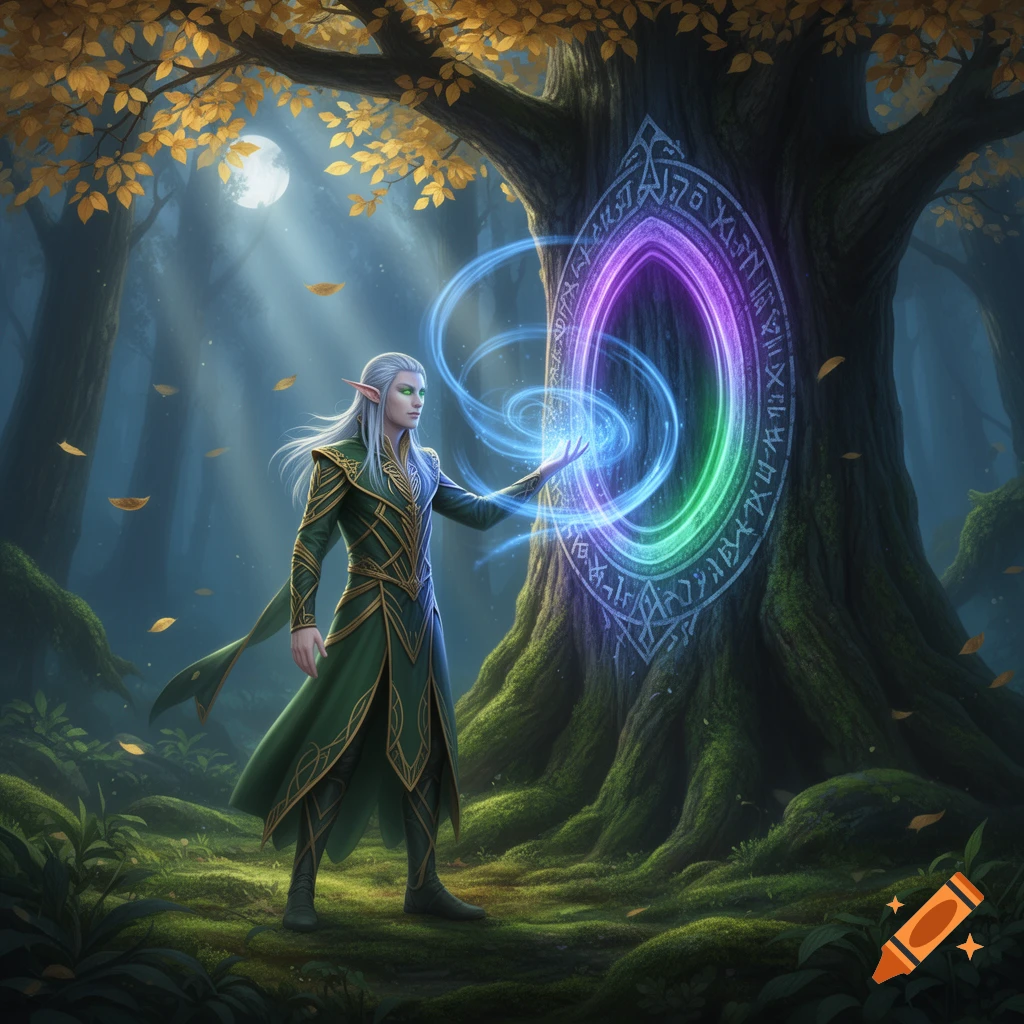 A male elf with white hair in a green tunic stands in a magical forest, extending a hand to activate a glowing, rainbow-colored portal on a large tree trunk. Leaves fall around him, and a full moon shines through the canopy.
