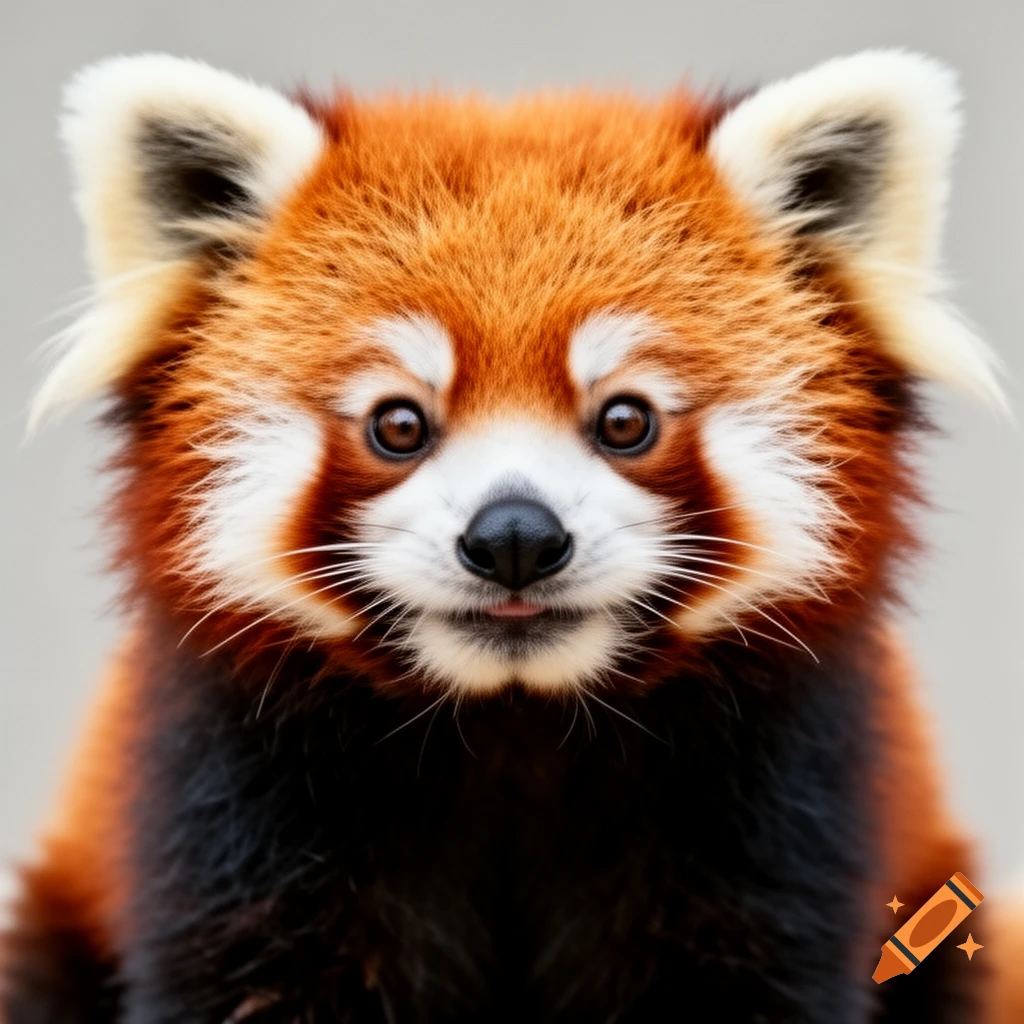 Close-up photorealistic portrait of a fluffy red panda looking directly at the viewer with big brown eyes and a tiny tongue peeking out.