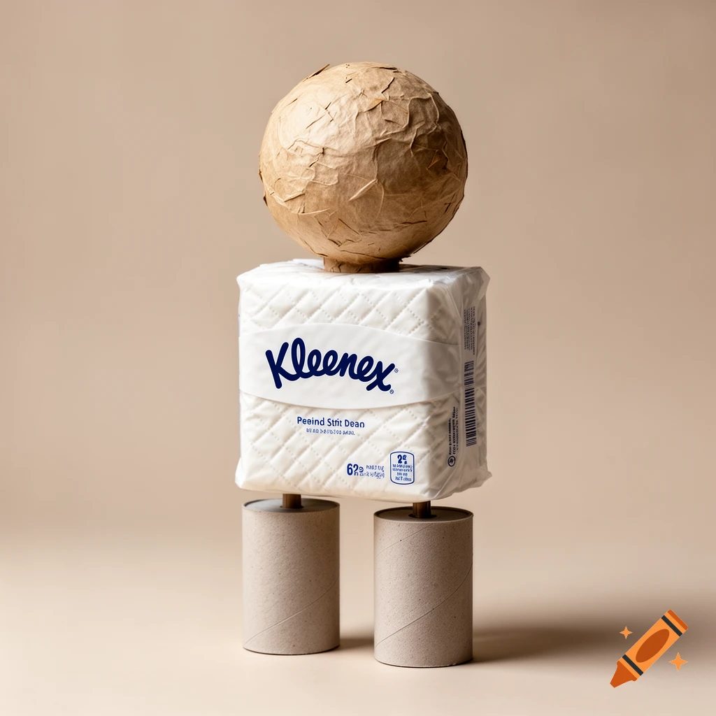An imaginary character made from a paper mache ball head, a Kleenex pack body, and two paper towel rolls as legs, against a beige background. Photorealistic style.