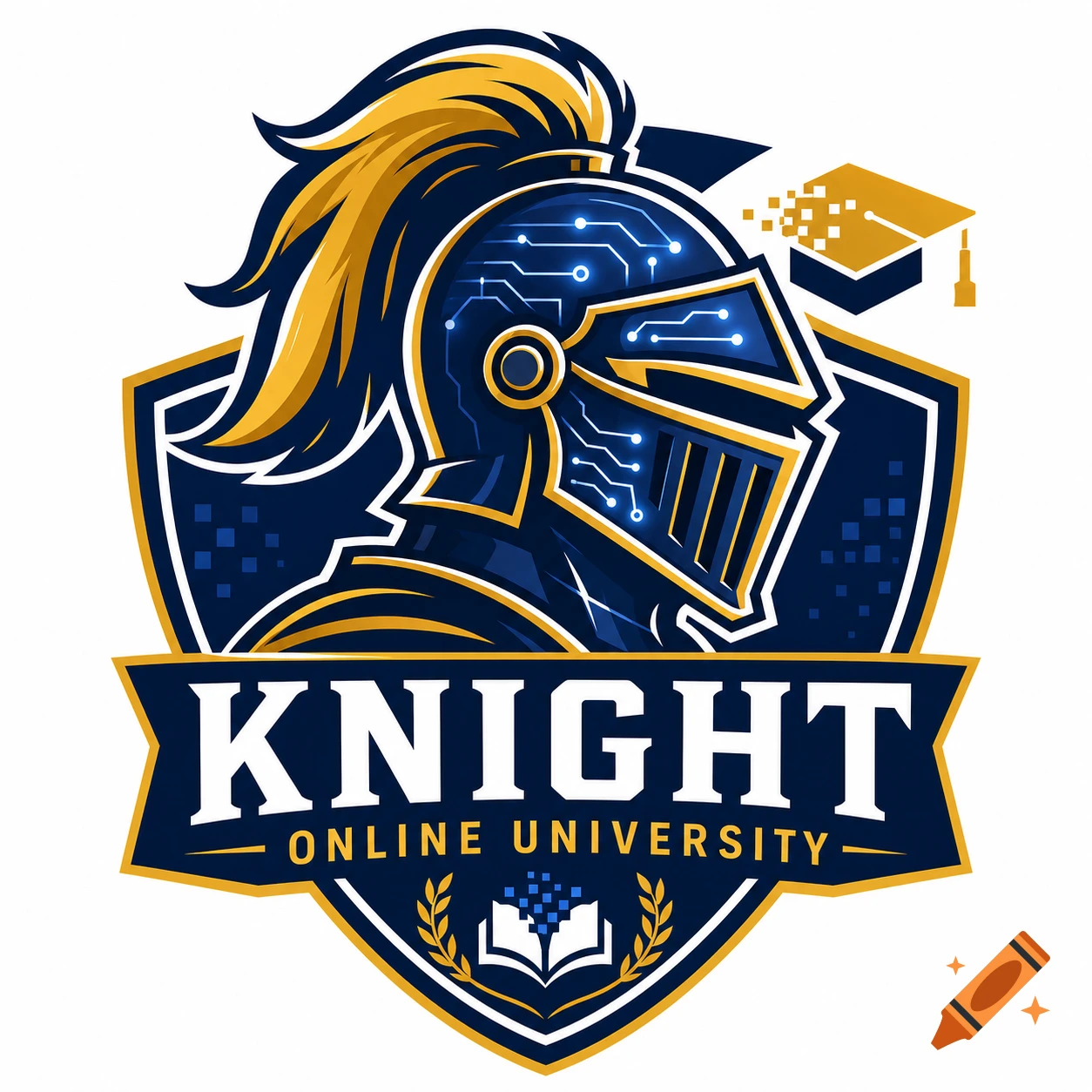 A modern university logo featuring a navy blue knight's helmet with glowing circuits, on a shield, with 'KNIGHT ONLINE UNIVERSITY' text and a pixelated graduation cap.
