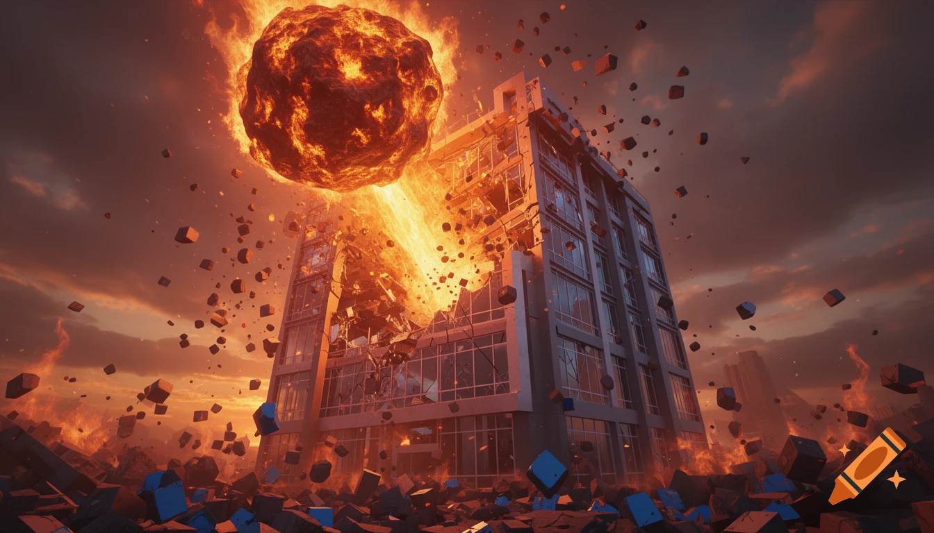 A large flaming meteor crashes into a modern building, exploding into blocky debris and fire under a dramatic, fiery sky in a cinematic style.