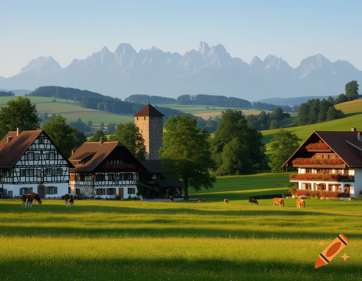 Photorealistic landscape with traditional houses, a stone tower, and cows grazing in green meadows with distant mountains under a clear sky.