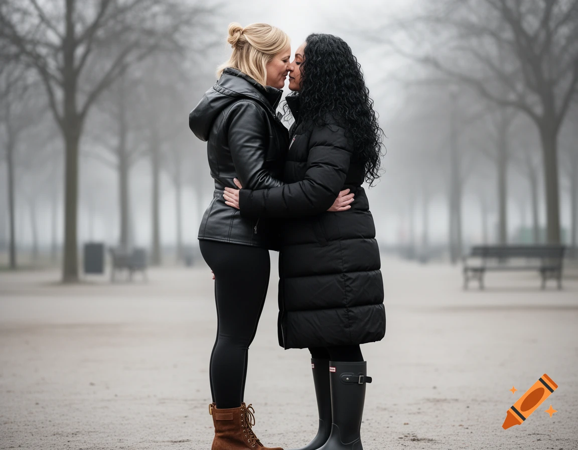 Two women in winter coats hug and kiss in a misty park.