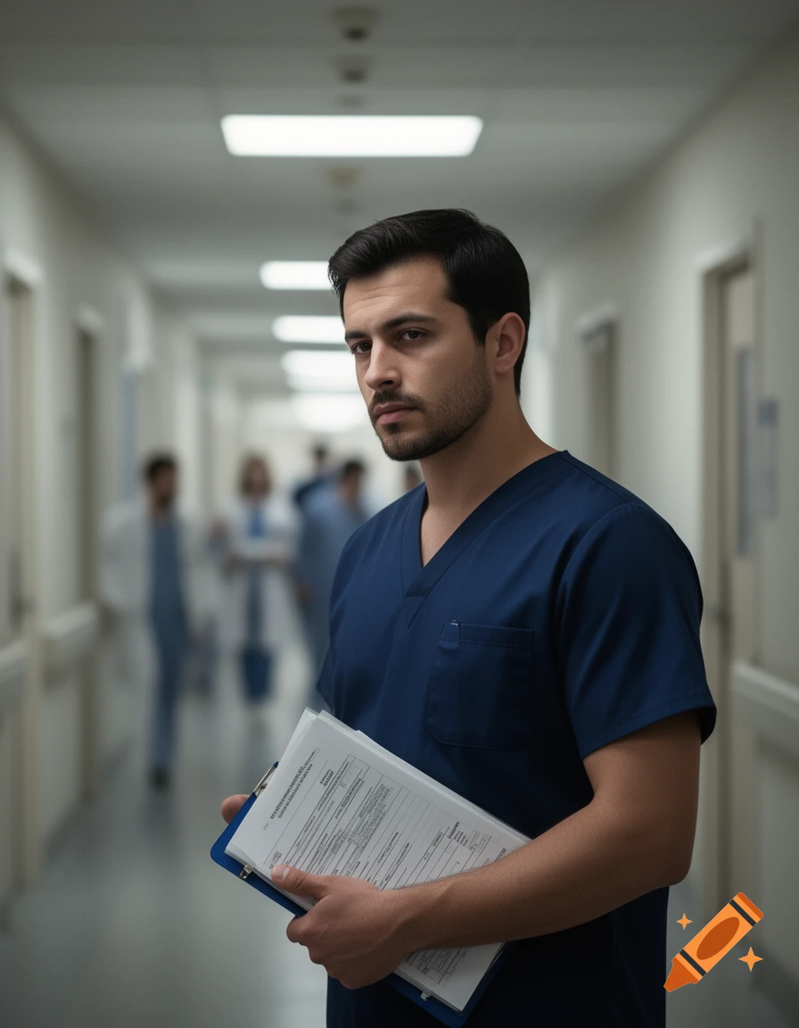 Photorealistic portrait of a male nurse in dark blue scrubs, holding a document folder in a hospital hallway.