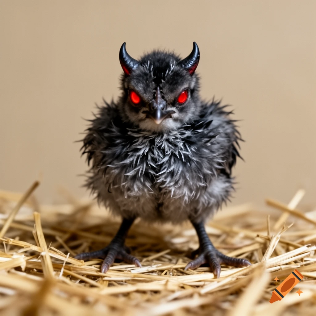 A photorealistic close-up of a fluffy black and white chick with small black devil horns and glowing red eyes, standing on straw.