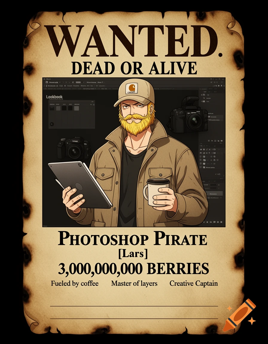 Anime-style wanted poster for a "Photoshop Pirate" named Lars, a man with a blonde beard and beige cap holding a tablet and coffee, with Photoshop elements in the background, all on a vintage paper background.