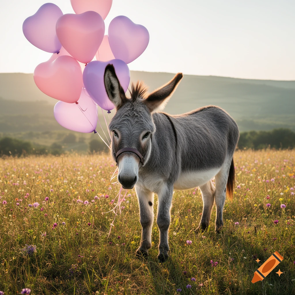 A grey donkey stands in a sunlit field of wildflowers with pink and purple heart-shaped balloons floating above its back.
