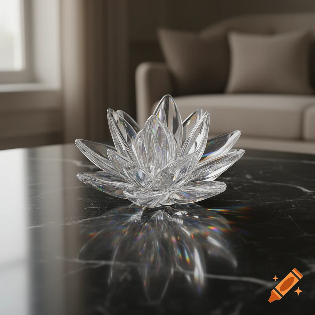 A clear crystal lotus flower sculpture sits on a black marble table, reflecting prismatic light, in a soft-lit room.