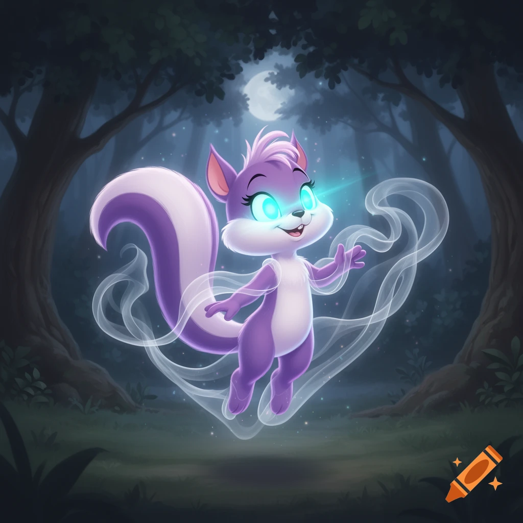 A cartoon purple and white squirrel with glowing cyan eyes floats in a dark forest at night, surrounded by a wispy spirit aura.