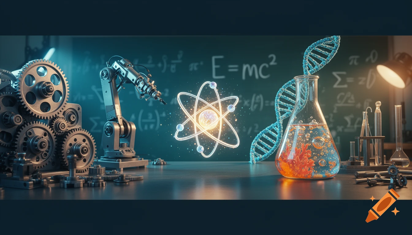 Photorealistic image of a modern lab with a robotic arm, gears, glowing atom, DNA helix, beaker, and math equations on a chalkboard.