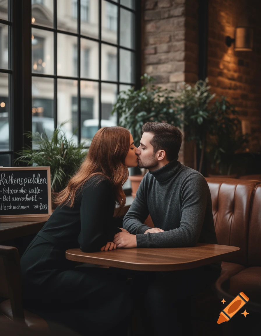A man and a woman kiss across a table in a cozy cafe with large windows.