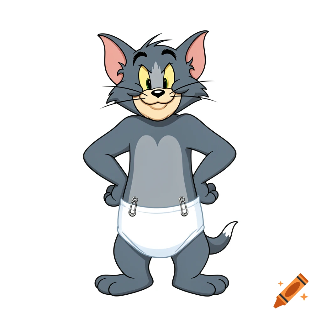 Cartoon cat Tom from Tom & Jerry, wearing a white cloth diaper secured with safety pins, stands smiling with hands on hips against a white background.