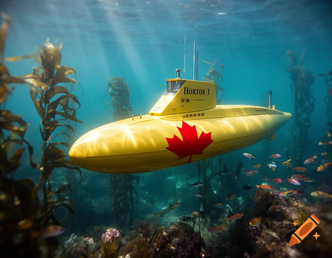 Photorealistic image of a yellow submarine with a red maple leaf and 'HORTON I' on its side, submerged in clear blue water with kelp forests and schooling fish.