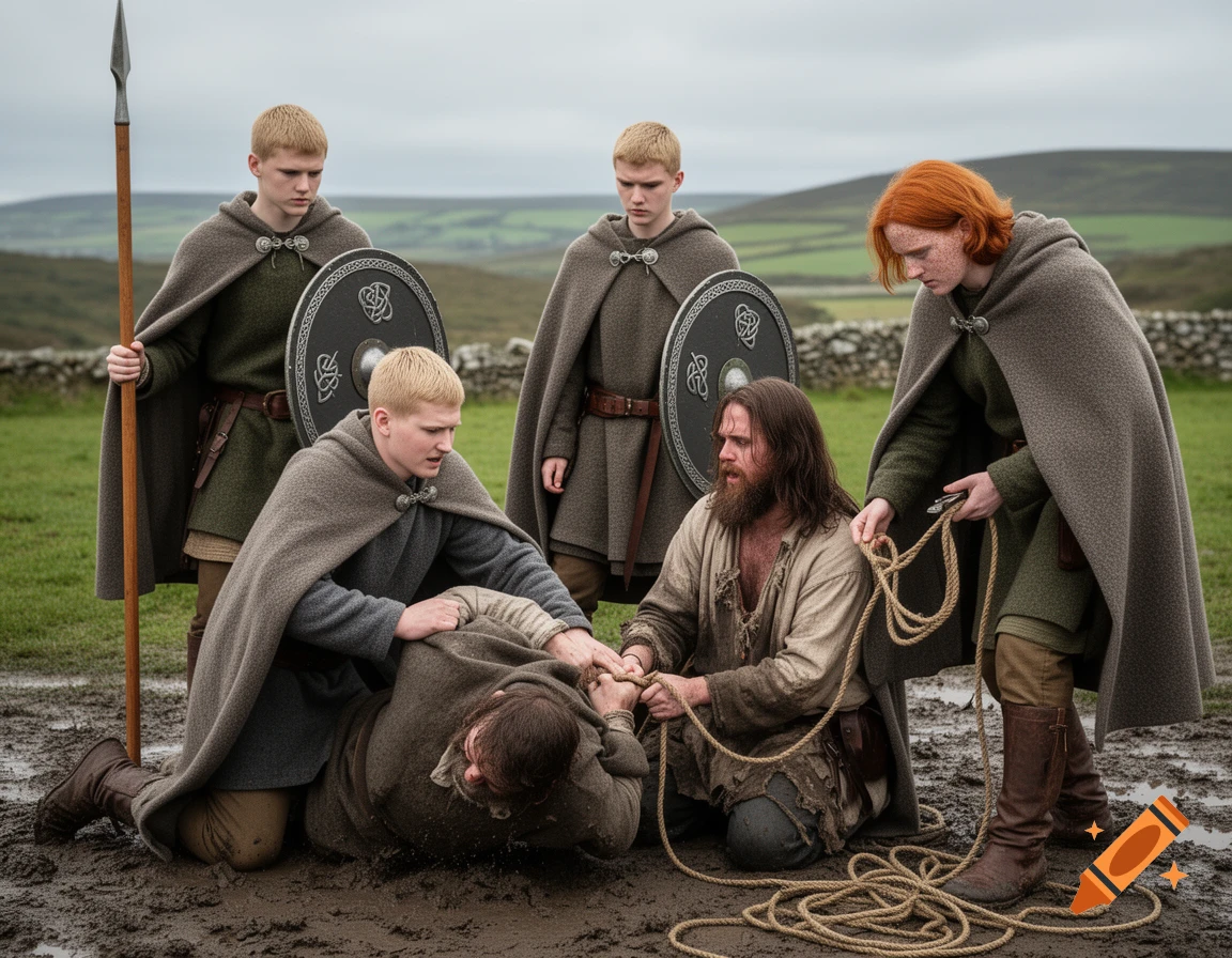 Five medieval-attired figures in a muddy field; four restrain a man on the ground, one ties ropes while another stands guard with a spear.