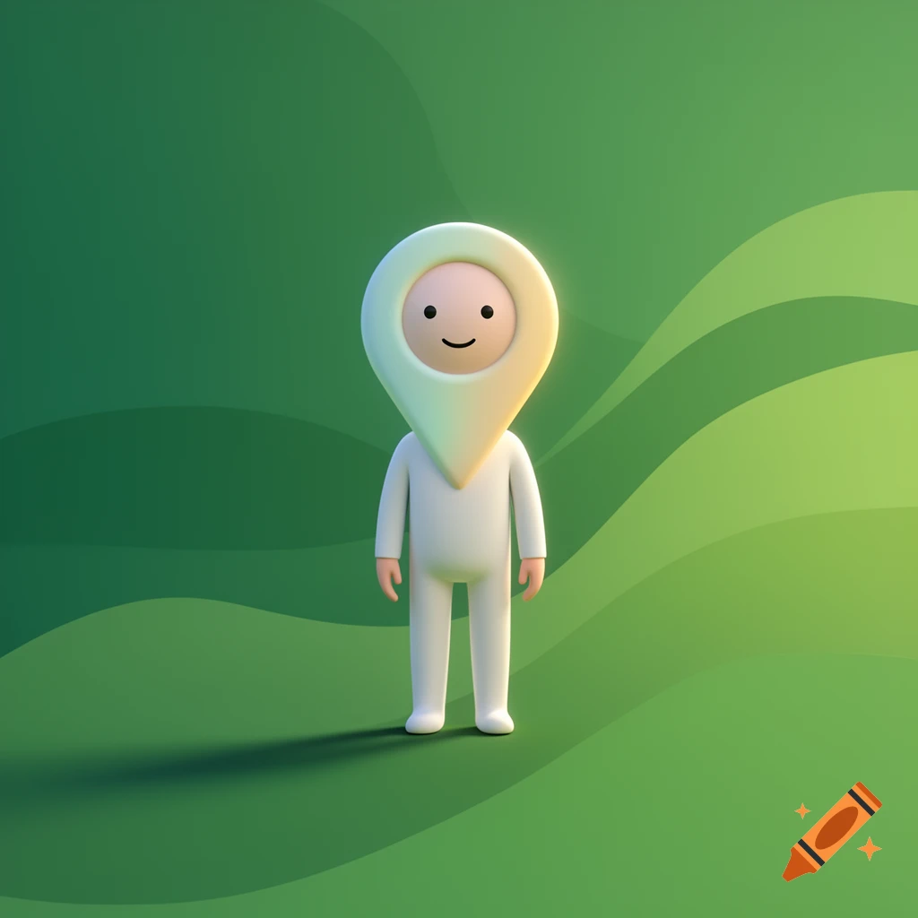 A smiling, stylized 3D character with a Google Maps pin for a head and a white body, standing on a wavy green background.