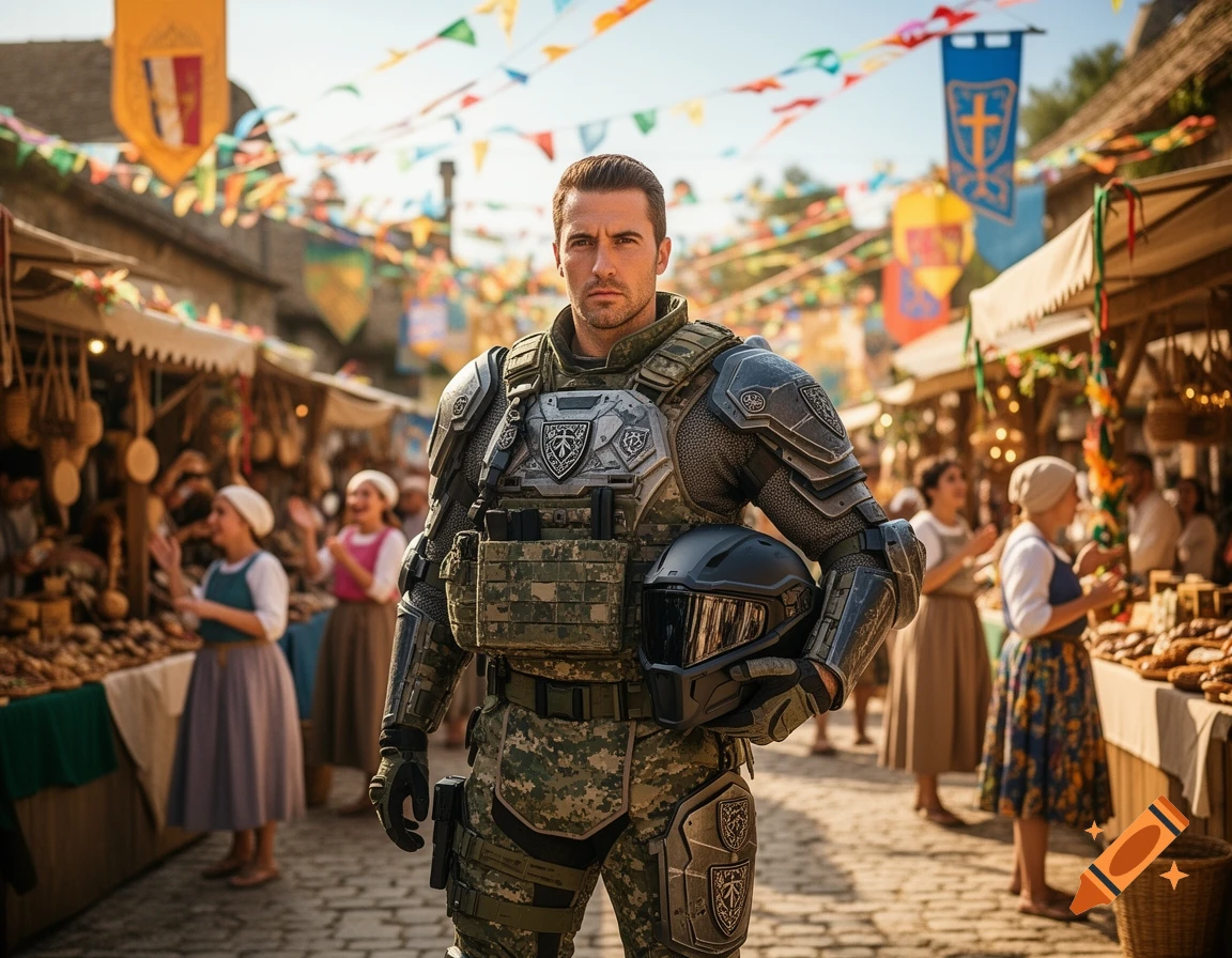 Photorealistic image of a man in modern military armor holding a helmet, standing in a medieval-style village market.