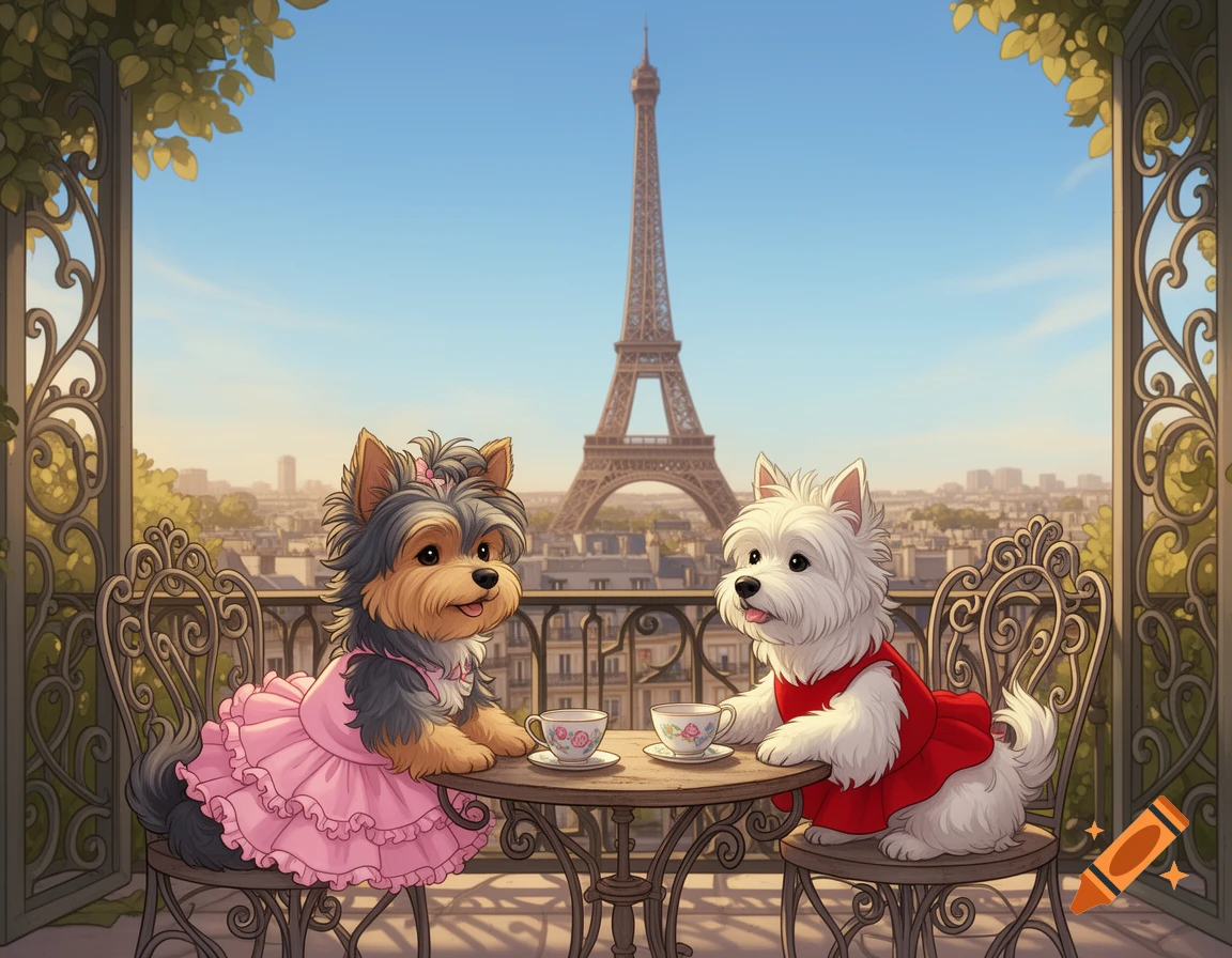 Cartoon of a Yorkie in a pink dress and a white dog in a red dress having tea on a balcony with the Eiffel Tower.