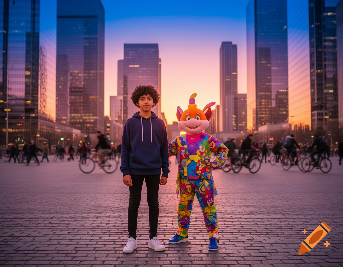 A young boy with curly hair and a colorful fox-like mascot stand side-by-side on a brick plaza, with tall city buildings in the background during sunset.