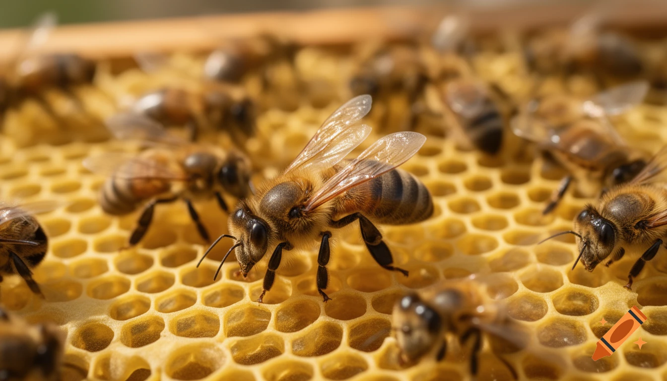 Close-up of a large bee, possibly the queen, on a golden honeycomb surrounded by other worker bees in a photorealistic style.