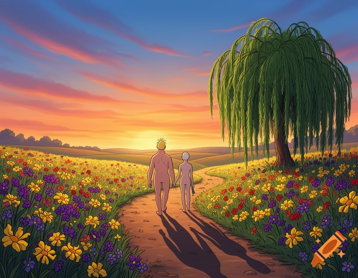 Cartoon image of two nude figures walking hand-in-hand on a path through a vibrant wildflower field towards a sunset, with a large willow tree on the right.
