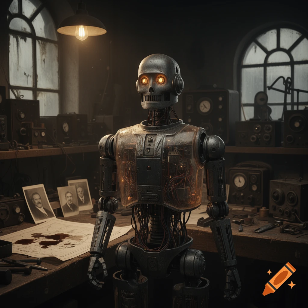 A retro-futuristic robot with glowing orange eyes and a transparent torso in a dimly lit, cluttered vintage workshop.