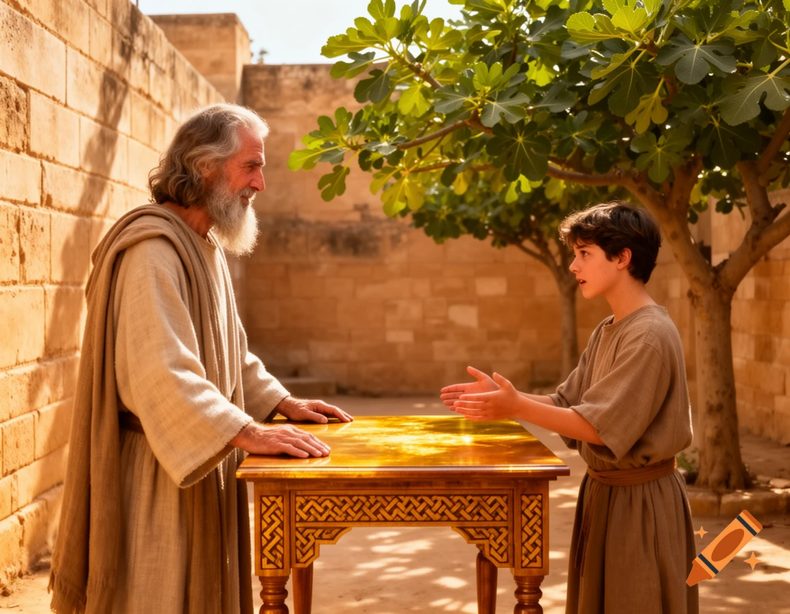 A long-bearded older man and a young boy in ancient robes stand facing each other over a wooden table outdoors with a fig tree.