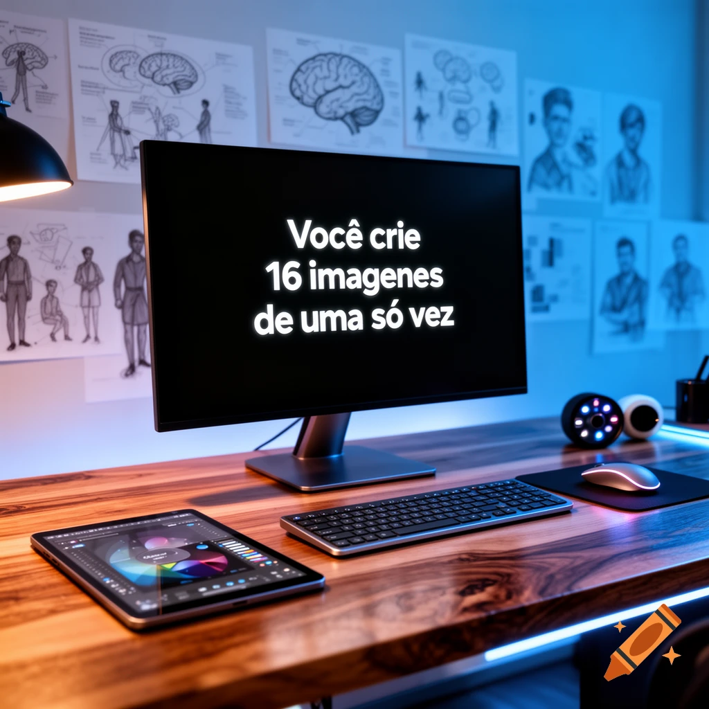 A well-lit desk setup with a monitor displaying Portuguese text, a tablet, keyboard, and mouse, against a wall with medical diagrams.