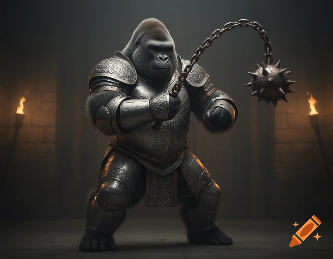 A majestic gorilla in detailed knight armor swings a spiked mace in a dark, torchlit stone chamber.