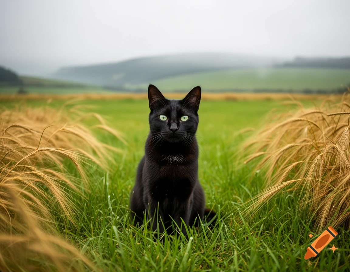 A striking black cat with piercing green eyes sits amidst lush green grass and golden wheat stalks in a blurred field.