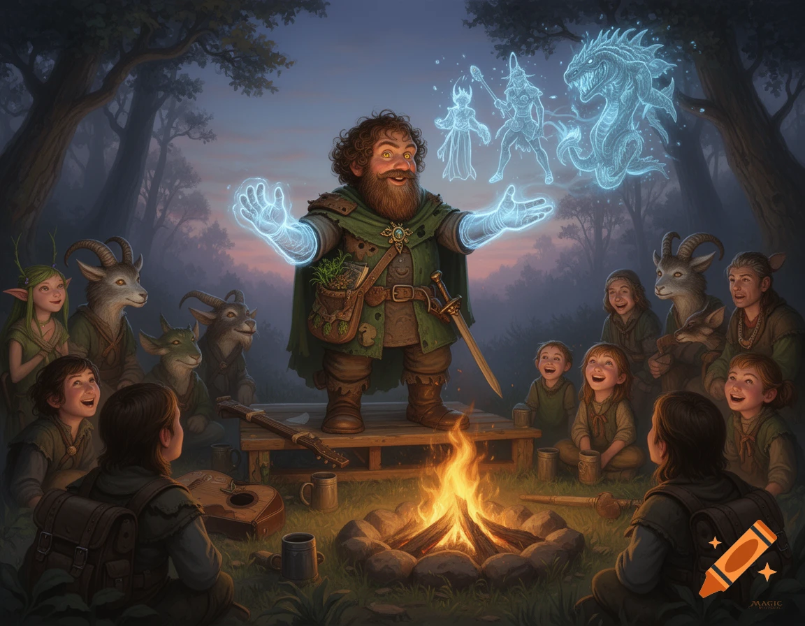A bearded dwarf storyteller with a glowing blue spectral arm enthralls a diverse group of children and beastfolk around a campfire at dusk in a magical forest. Painterly fantasy art.
