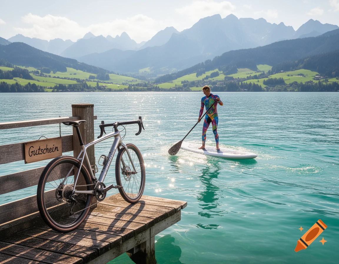 A gravel bike rests on a wooden dock next to a lake where a person paddleboards, with mountains in the background.