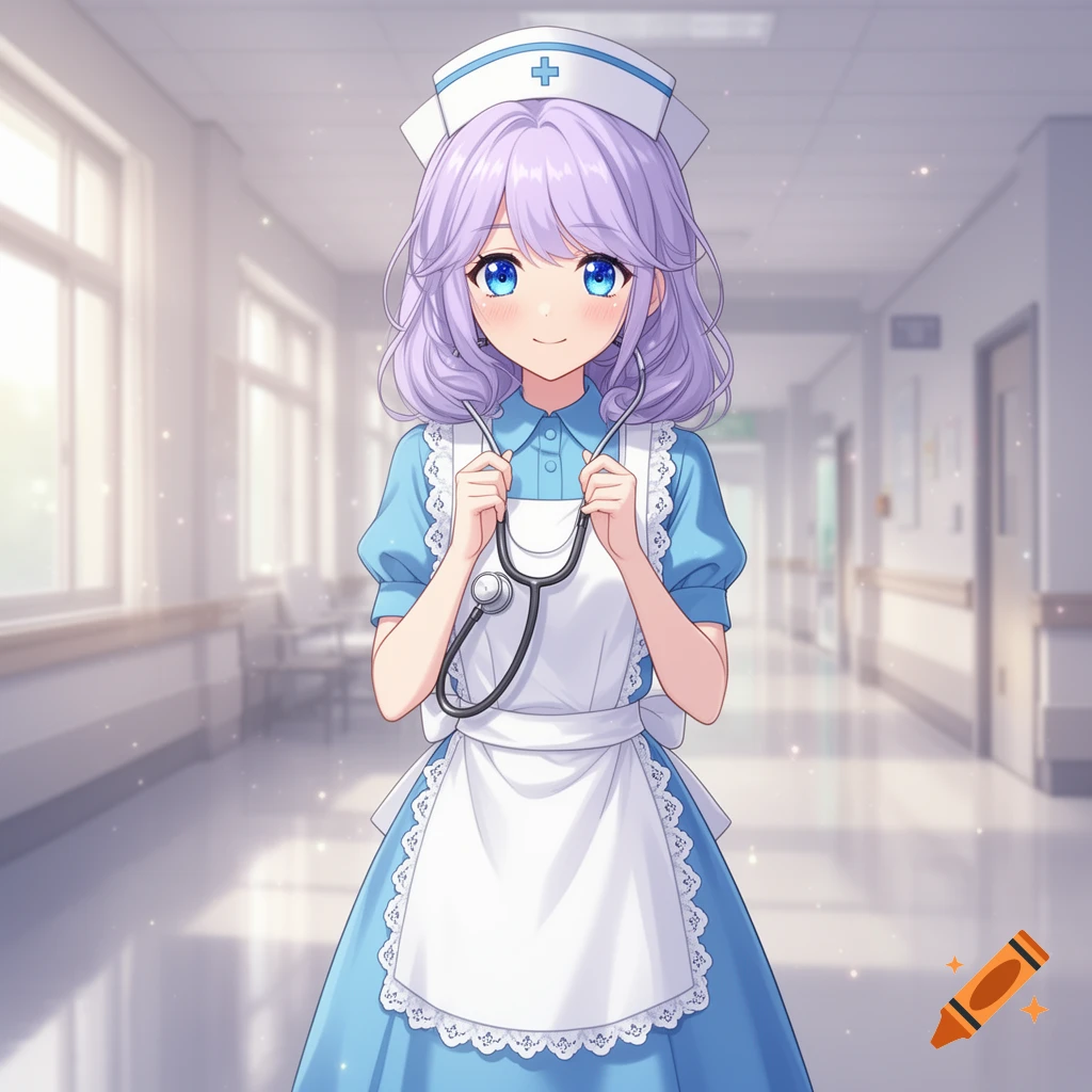 An anime-style female nurse with purple hair and blue eyes, wearing a blue dress and white apron, holding a stethoscope in a hospital hallway.