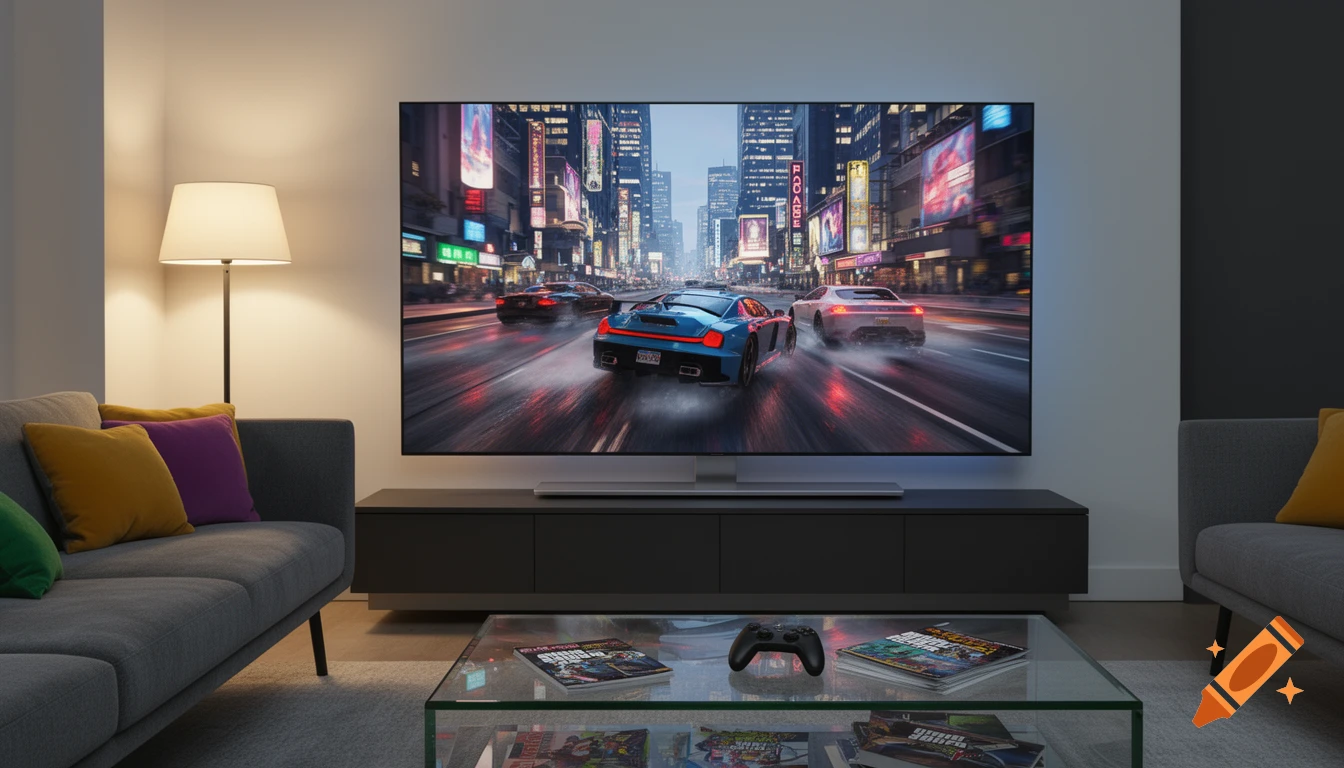 A large TV in a modern living room displays a thrilling car racing video game, with a game controller and Grand Theft Auto magazines on the coffee table.