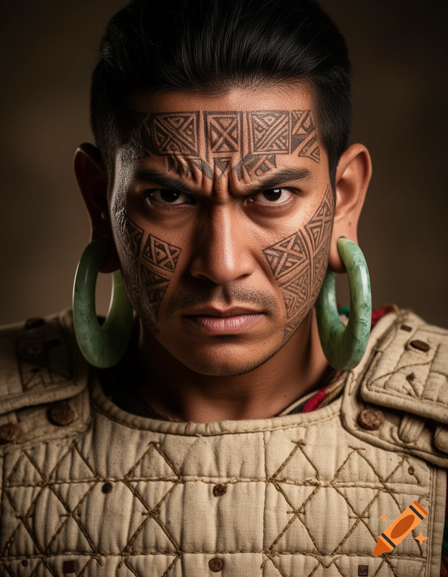 Photorealistic portrait of a fierce Maya warrior with intricate facial tattoos, jade ear flares, and quilted armor.