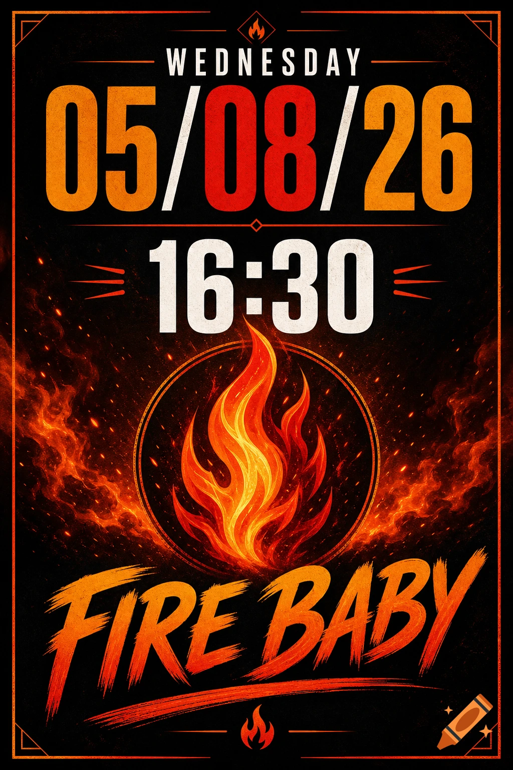 A vibrant event poster with a central stylized flame on a dark background, featuring text 'WEDNESDAY 05/08/26 16:30 FIRE BABY'.