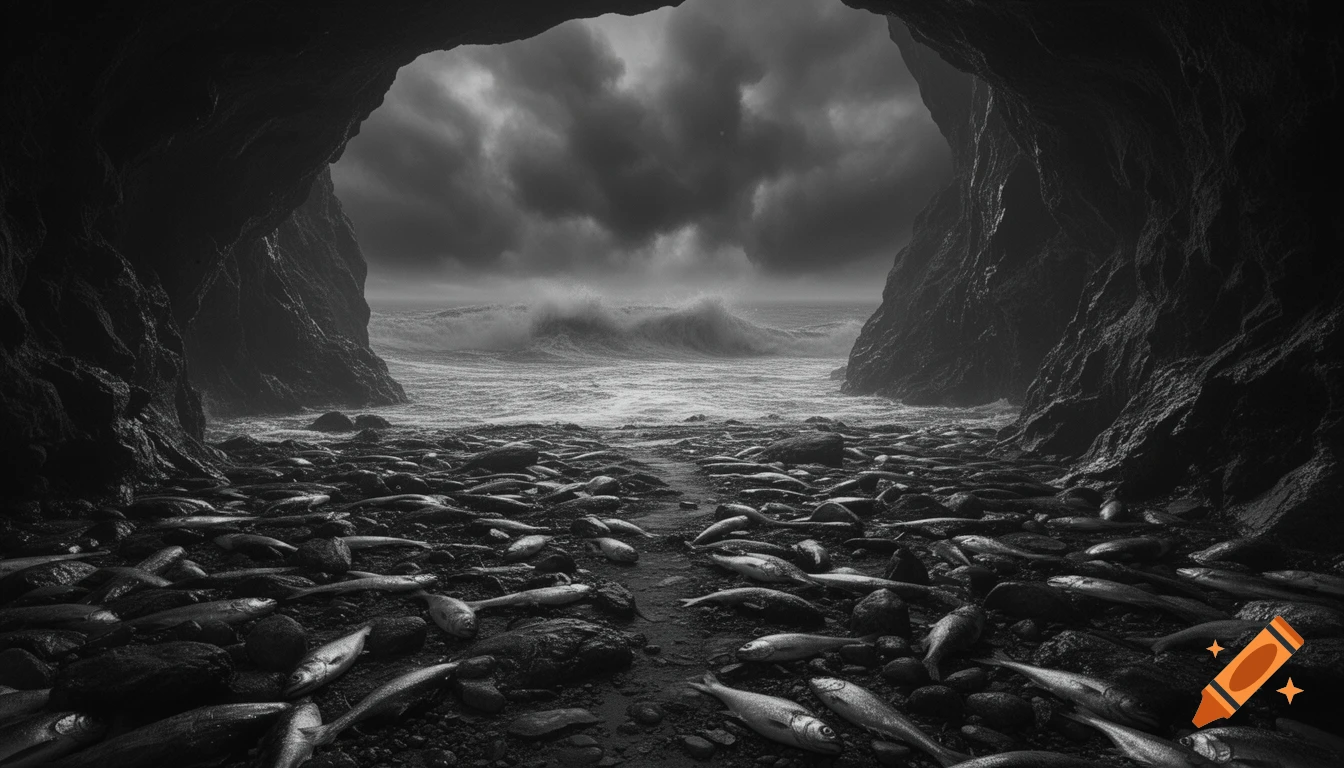 Photorealistic black and white image of a dark coastal cave opening to a stormy sea, its floor covered in stranded dead fish.