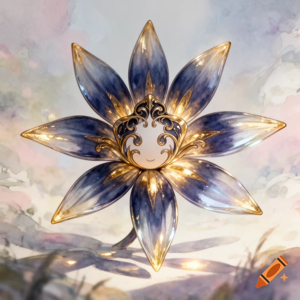 An ornate, stylized flower with reflective blue and gold petals, featuring a central face with gold filigree, against a soft watercolor background.