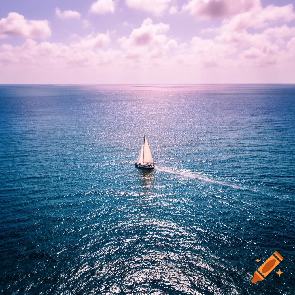 A sailboat glides across a calm, blue ocean under a purple and pink sky with sparse clouds.