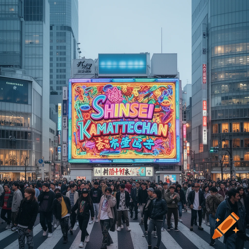 A vibrant neon billboard for 'SHINSEI KAMATTECHAN' illuminates a busy city street in Japan, with many pedestrians crossing at dusk.