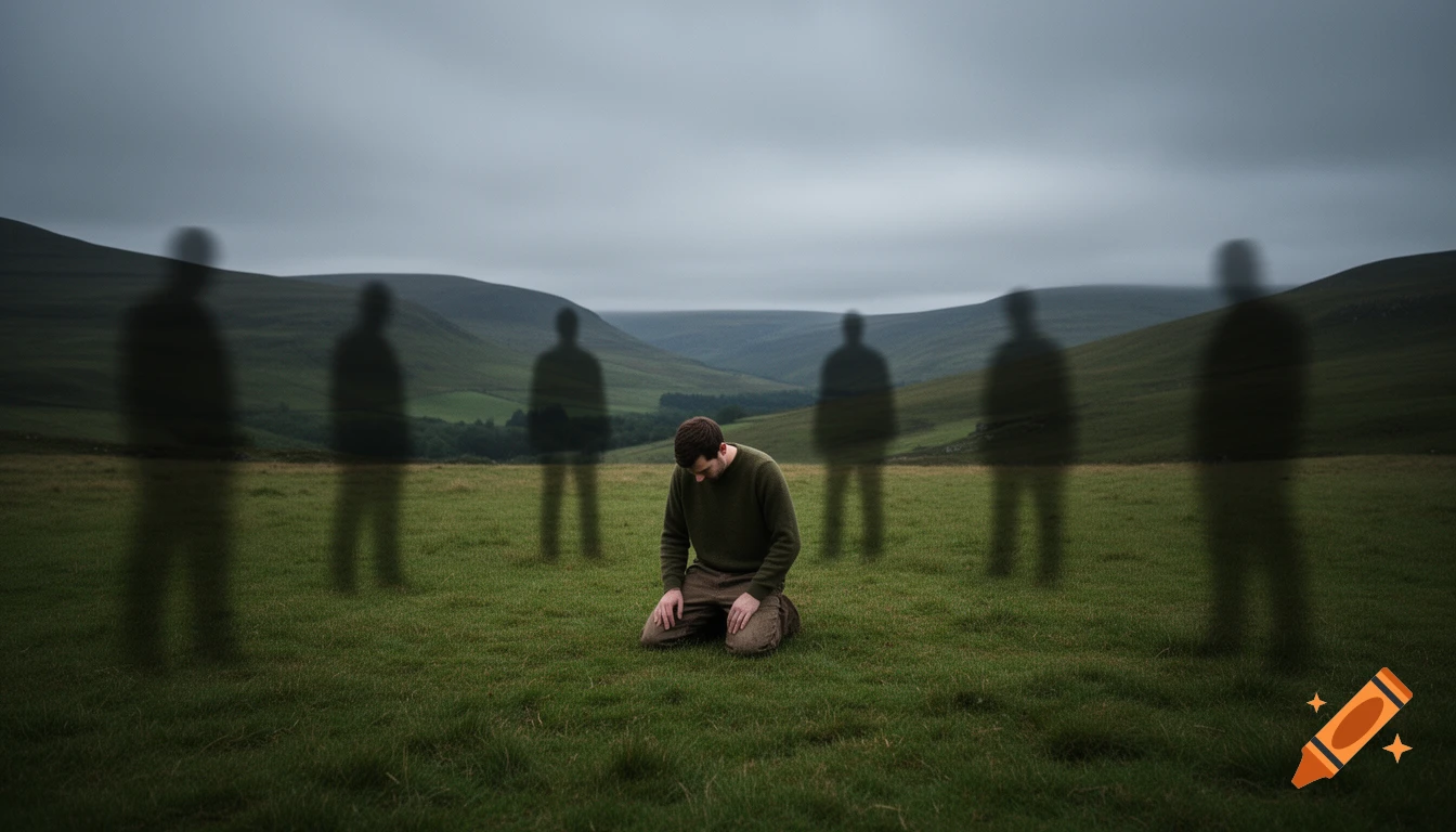 A man kneels in a grassy field, head bowed, surrounded by several tall, blurry shadow figures under a cloudy sky with rolling hills in the background.
