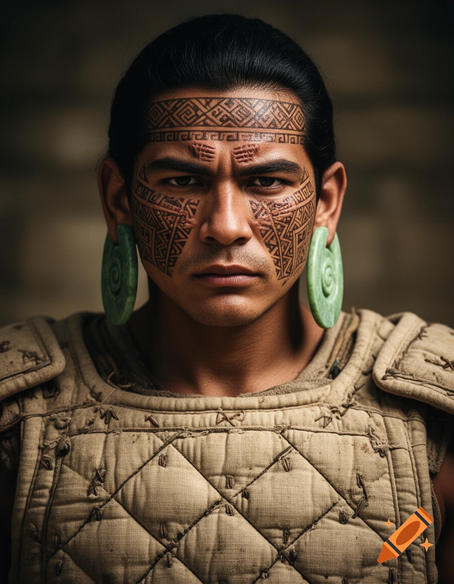 Close-up portrait of a fierce Maya warrior with intricate geometric facial tattoos, large jade ear flares, and quilted armor.