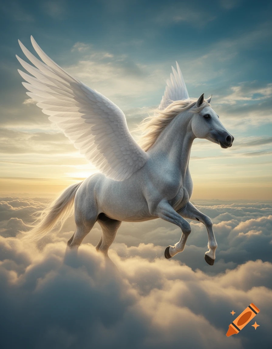A majestic white Pegasus with large wings soars through a cloudy sky at sunrise, its mane and tail flowing.